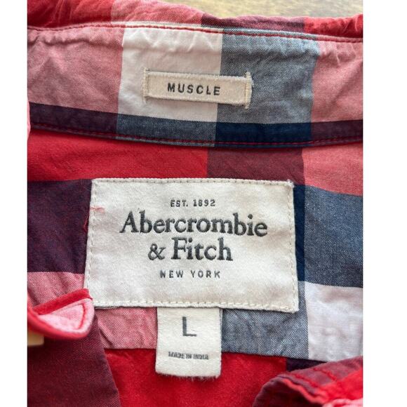Abercrombie & Fitch Mens L Red/Blue Plaid Muscle Button Preppy/Cabin Top - Picture 3 of 8